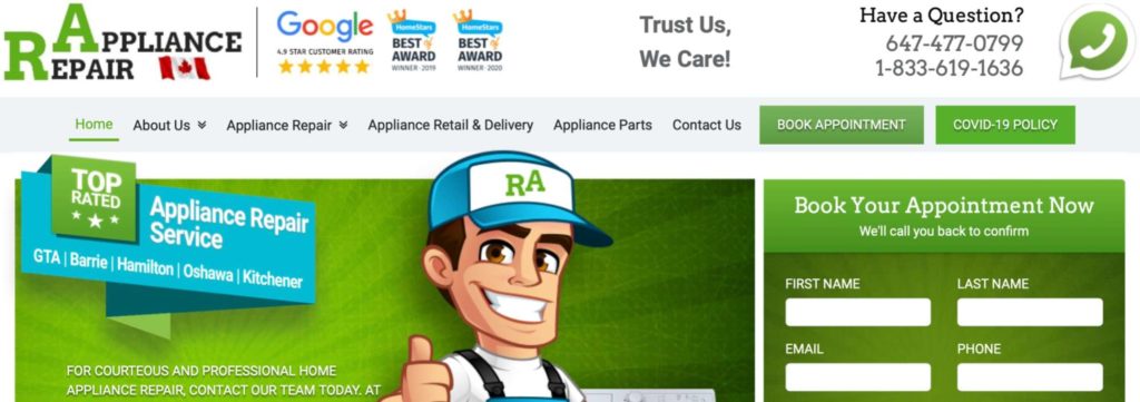 RA Appliance Repair's Homepage